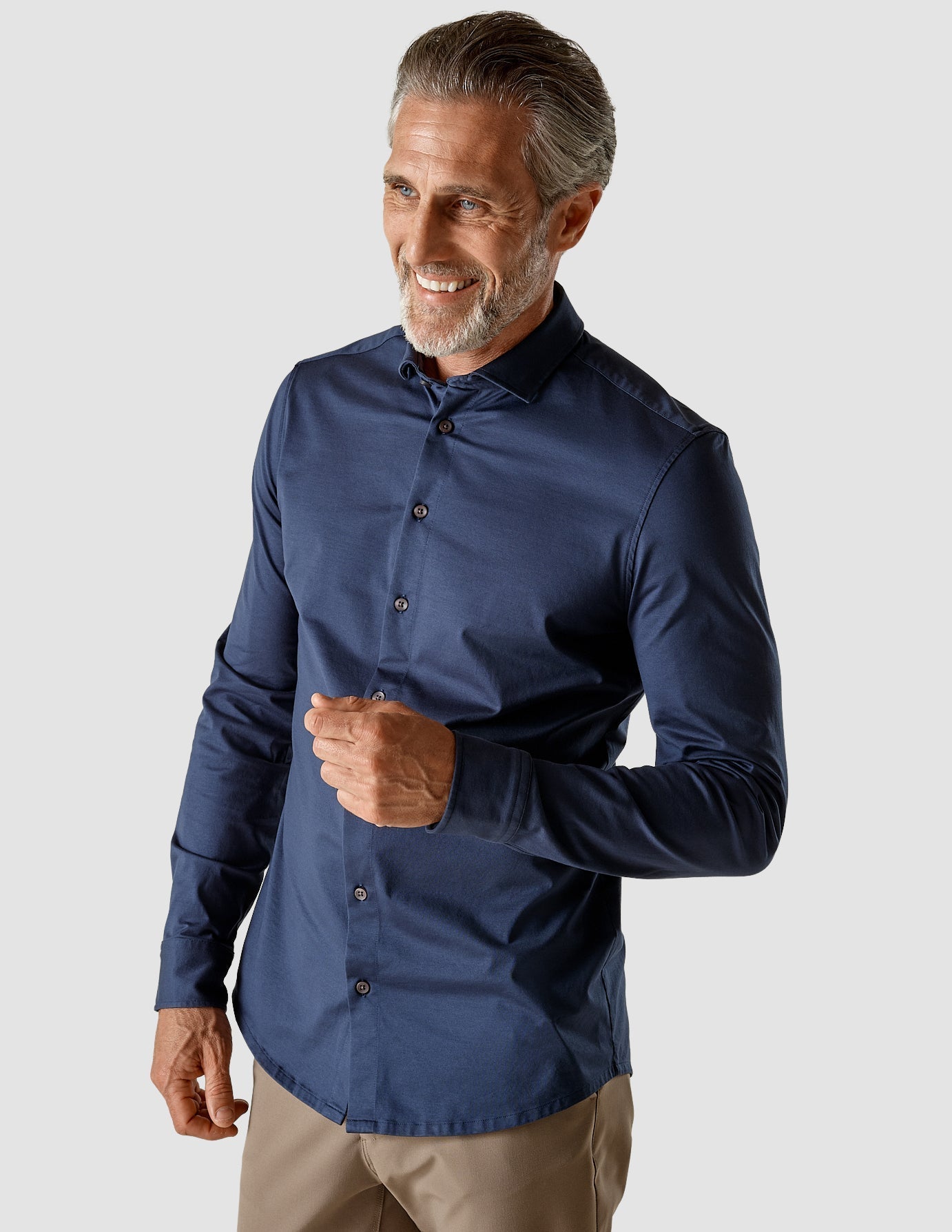 Model from the front wearing a Classic Shirt Navy with brown pants